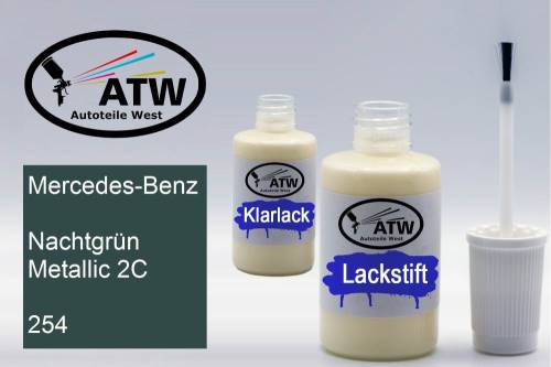 Mercedes-Benz, Nachtgrün Metallic 2C, 254: 20ml Lackstift + 20ml Klarlack - Set, von ATW Autoteile West.